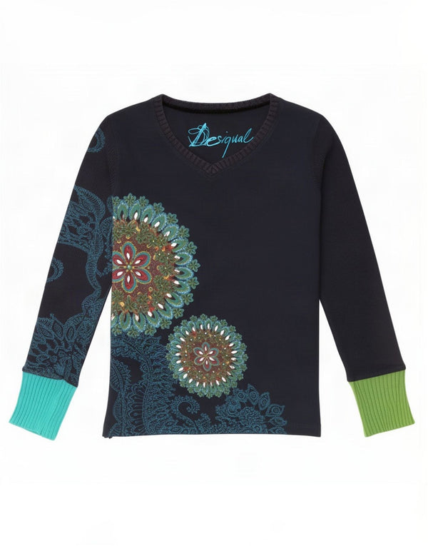 Desigual Γυναικείο γραφικό τοπ μακρυμάνικο UK 14 Medium Navy Blue Floral