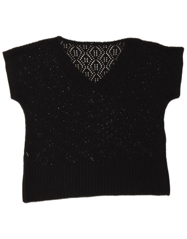 Vintage γυναικείο κοντομάνικο πουλόβερ με βελονάκι με V λαιμόκοψη UK 16 μεγάλο μαύρο