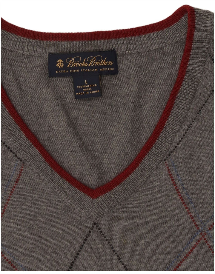 BROOKS BROTHERS Ανδρικό πουλόβερ με λαιμόκοψη V Large Grey Argyle/Diamond