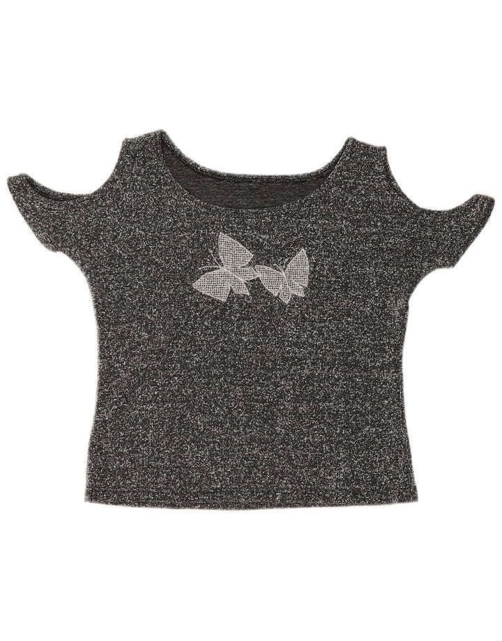 VINTAGE Γυναικείο Crop Off Shoulder Top 12 μεσαία γκρι πεταλούδα