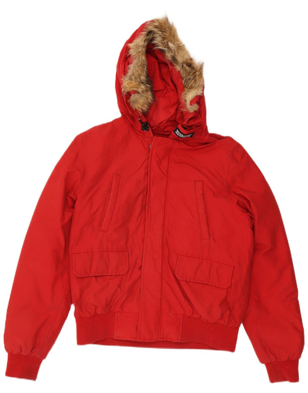 Μπουφάν Woolrich Boys με κουκούλα με επένδυση 13-14 ετών, κόκκινο βαμβακερό