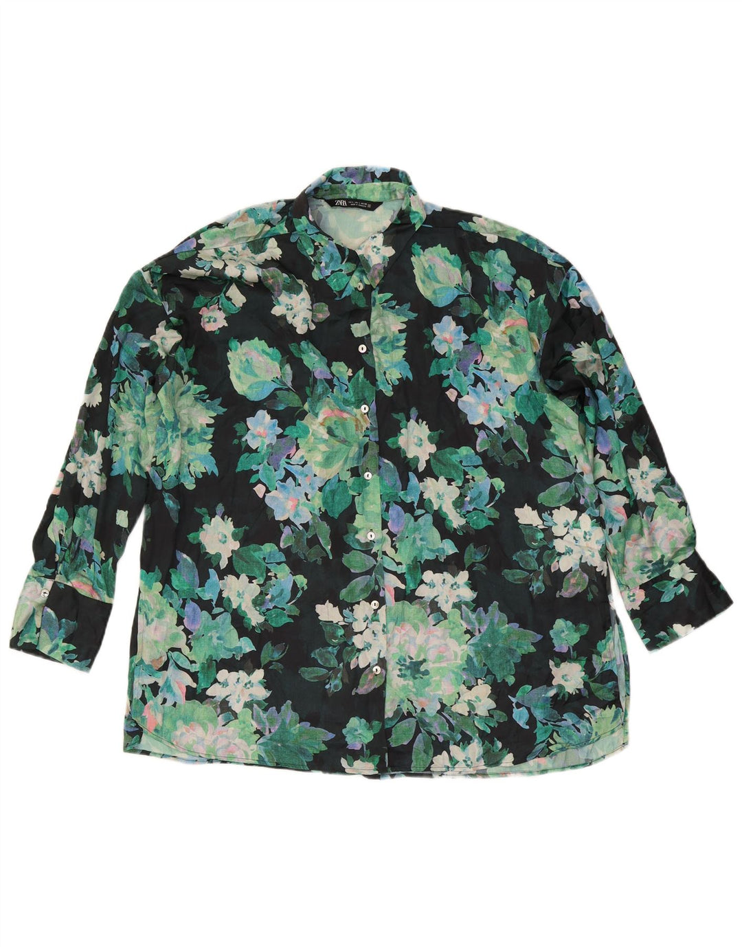 Zara Γυναικείο πουκάμισο Oversized Μπλούζα UK 16 Large Green Floral Polyester
