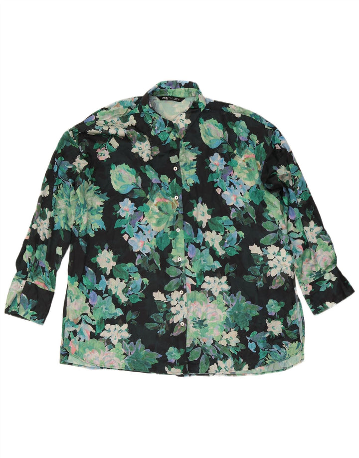 Zara Γυναικείο πουκάμισο Oversized Μπλούζα UK 16 Large Green Floral Polyester