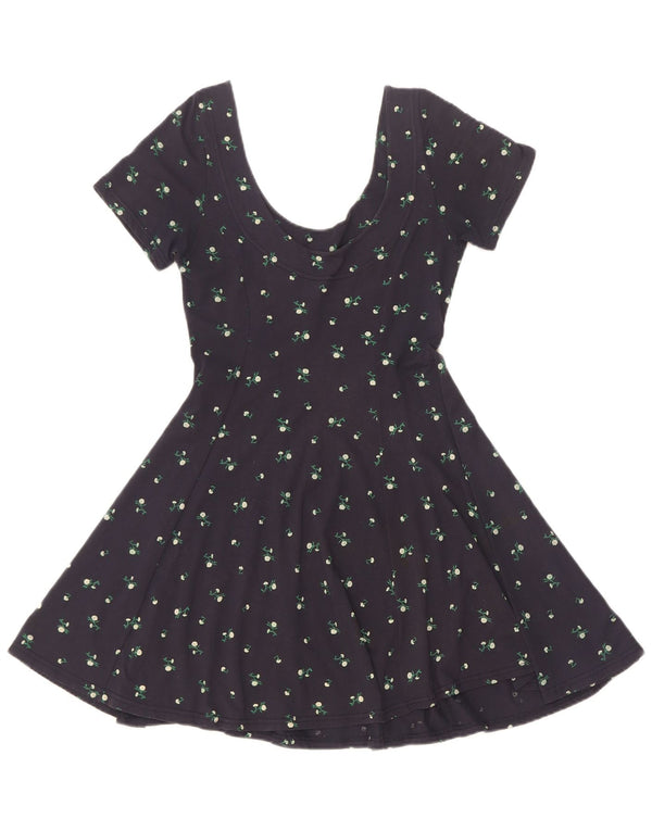 Vintage γυναικείο φόρεμα A-Line UK 4 XS Navy Blue Floral Βαμβακερό