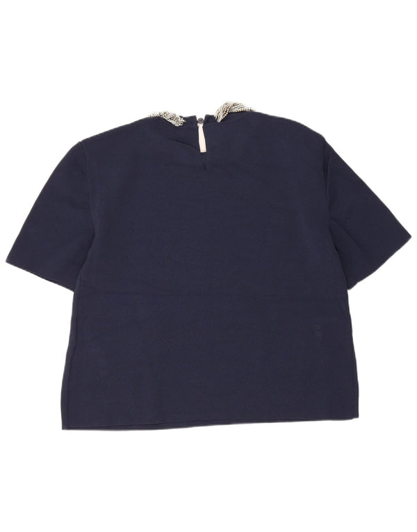 Zara Γυναικεία Crop Μπλούζα Τοπ UK 12 Medium Navy Blue Viscose
