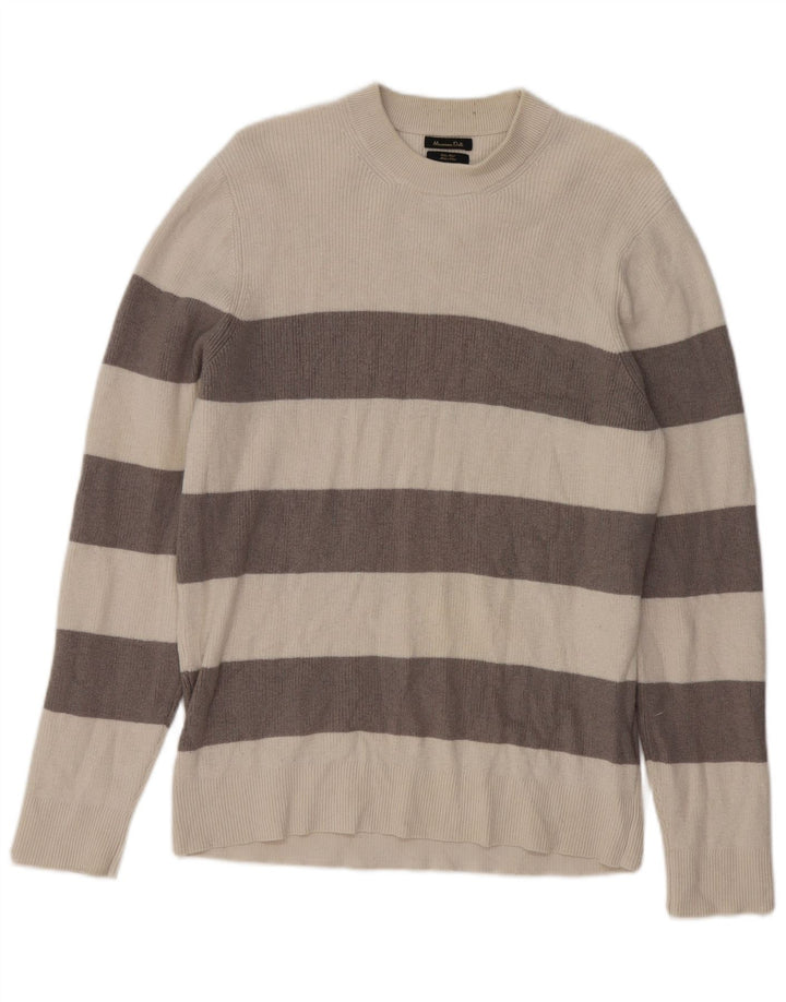 MASSIMO DUTTI Mens Crew Neck Jumper Sweater Large Beige Striped Cotton