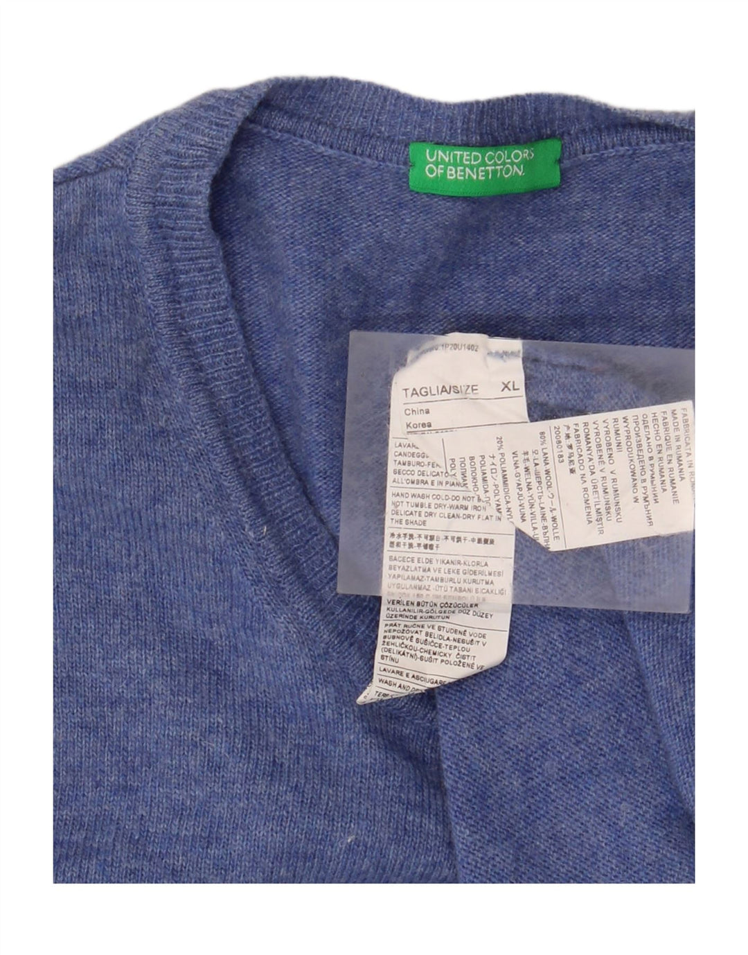 BENETTON Ανδρικό πουλόβερ με λαιμόκοψη XL μπλε μαλλί