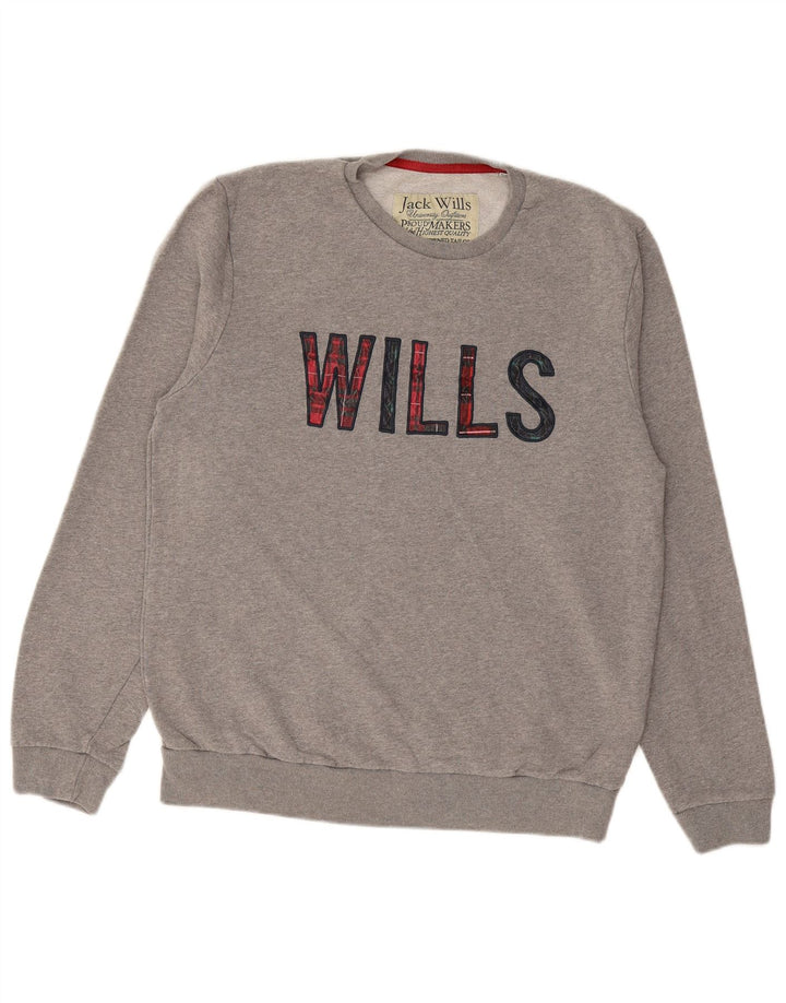JACK WILLS Ανδρικό γραφικό φούτερ Jumper μεγάλο γκρι βαμβακερό