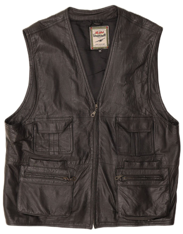 Lindbergh Mens Leather Utility Gilet UK 44 2XL Μαύρο
