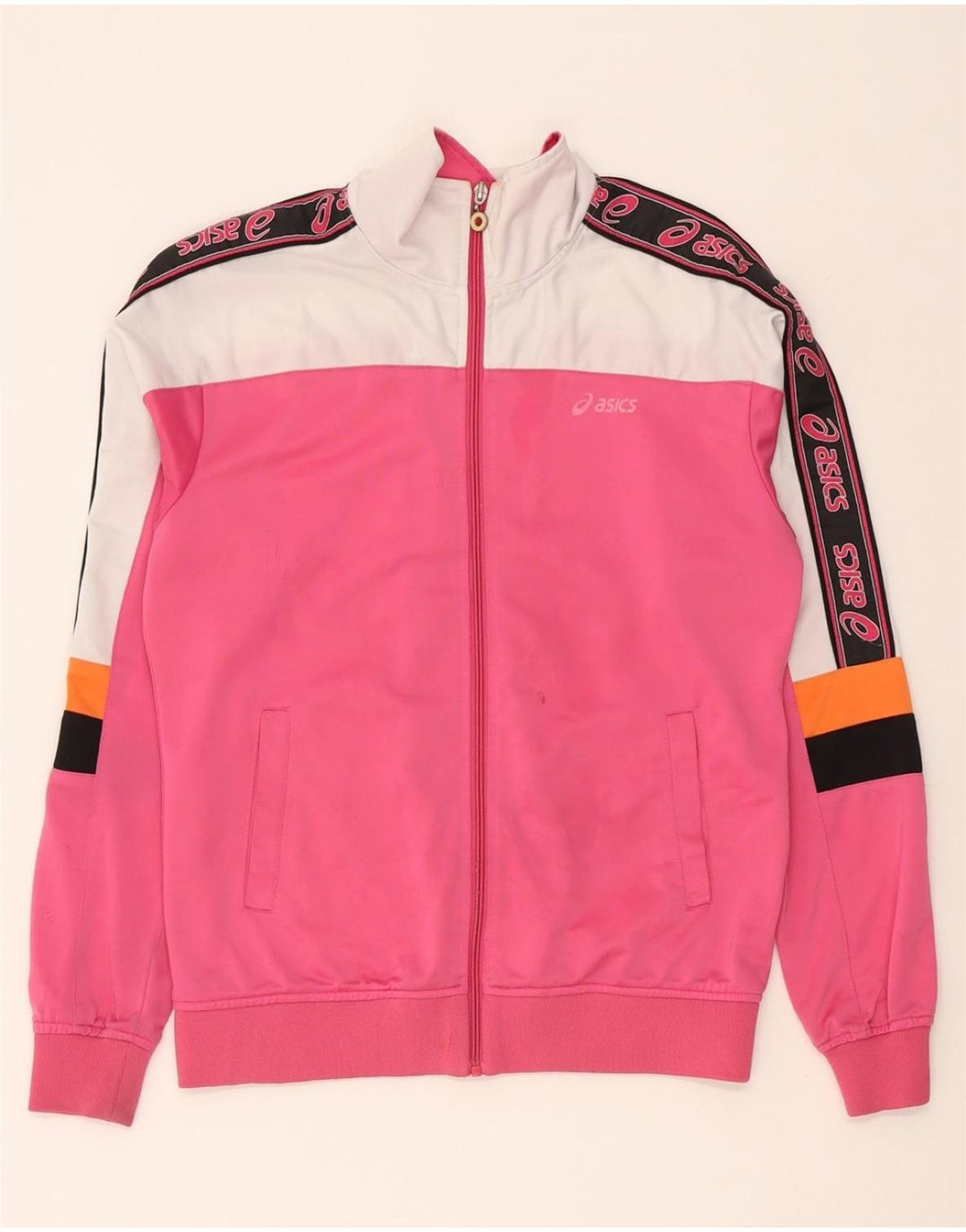 ASICS Womens Graphic Tracksuit Top Jacket UK 14 Medium Pink Colourblock Vintage Asics and Second-Hand Asics from Messina Hembry 