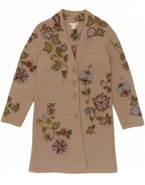 Vintage Γυναικείο Longline Ζακέτα πουλόβερ UK 14 Medium Beige Floral μαλλί
