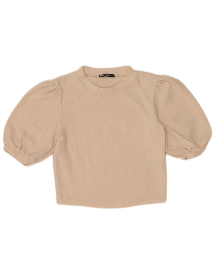 Zara Γυναικεία Μπλούζα Crop Top UK 10 Small Beige Cotton