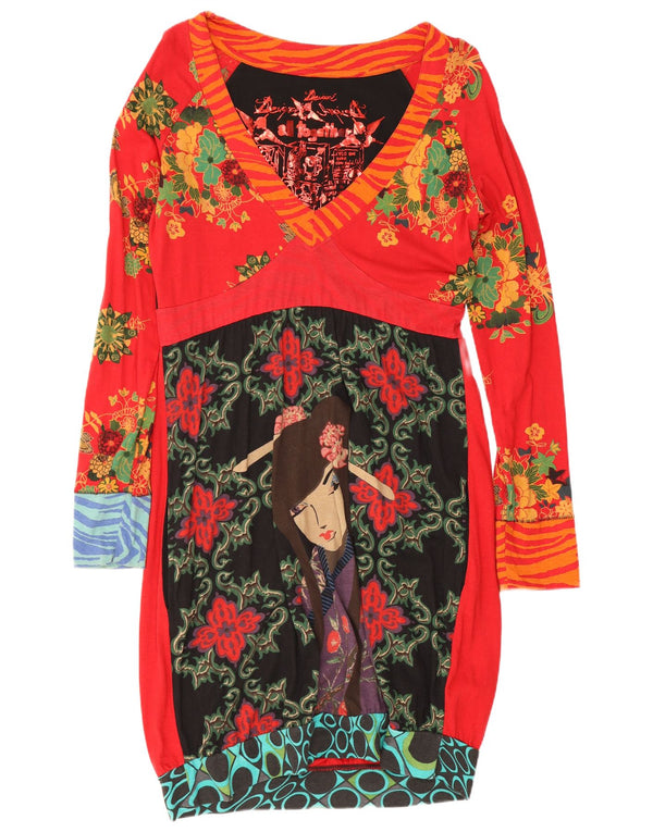 Desigual Γυναικείο μακρυμάνικο φόρεμα με φούσκα UK 18 XL κόκκινο φλοράλ βαμβακερό