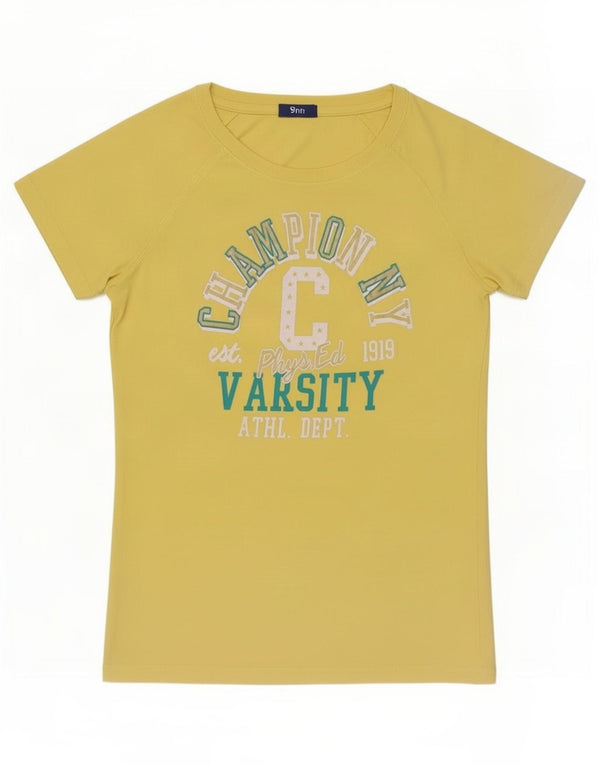 Champion Γυναικείο γραφικό T-Shirt Top UK 14 Large κίτρινο βαμβακερό