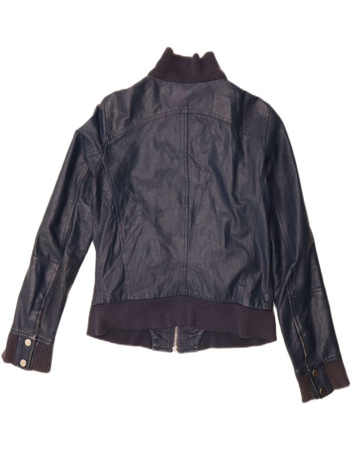 Vintage Γυναικείο Crop Δερμάτινο Μπουφάν IT 44 Medium Navy Blue Leather