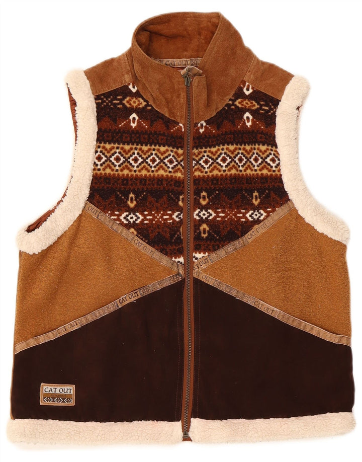 Vintage Γυναικείο Suede Gilet UK 14 Μεσαίο καφέ γεωμετρικό δέρμα