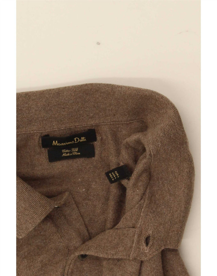 Massimo Dutti Ανδρικό πουλόβερ με λαιμό polo, μεγάλο καφέ βαμβακερό