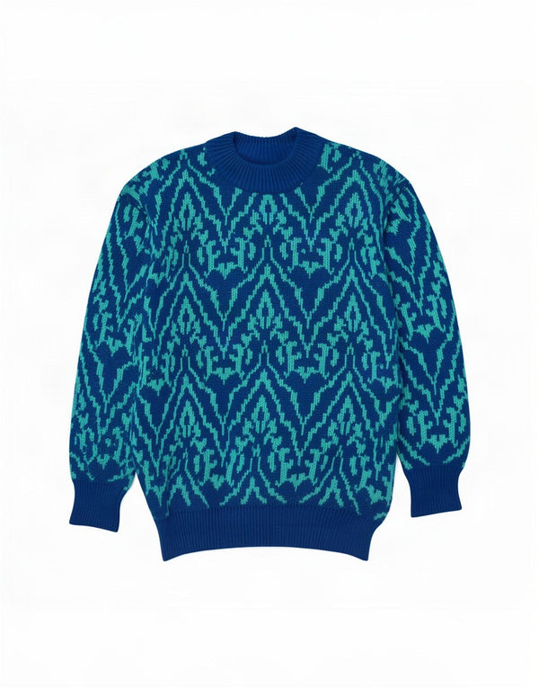 Vintage Mens Crew Neck Jumper Sweater Medium Blue Paisley