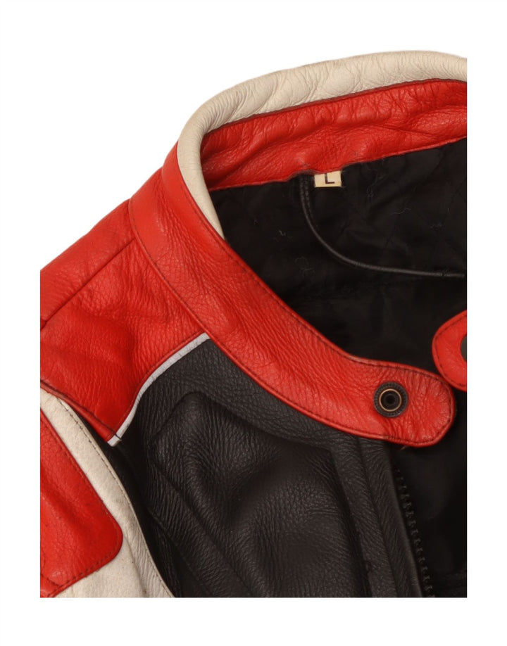 Vintage Ανδρικό Δερμάτινο Σακάκι Racer UK 40 Μεγάλο πολύχρωμο μπλοκ χρώματος