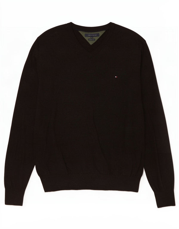 Tommy Hilfiger Mens V-Neck Jumper Sweater XL Brown Lambswool