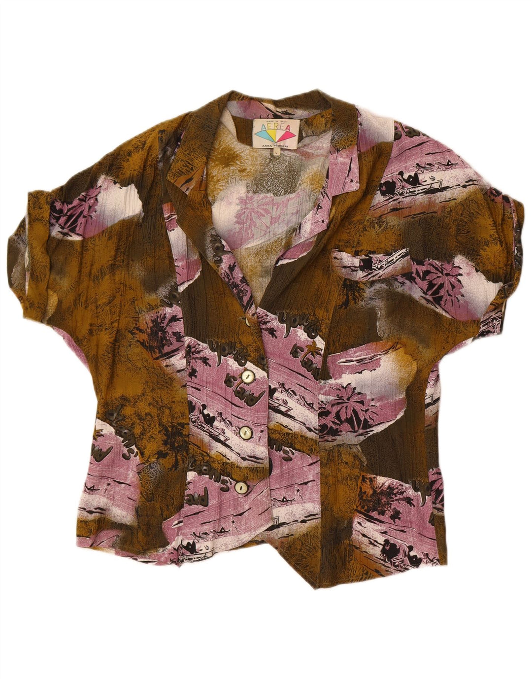Vintage γυναικείο γραφικό πουκάμισο μπλούζα UK 16 Large Khaki Patchwork