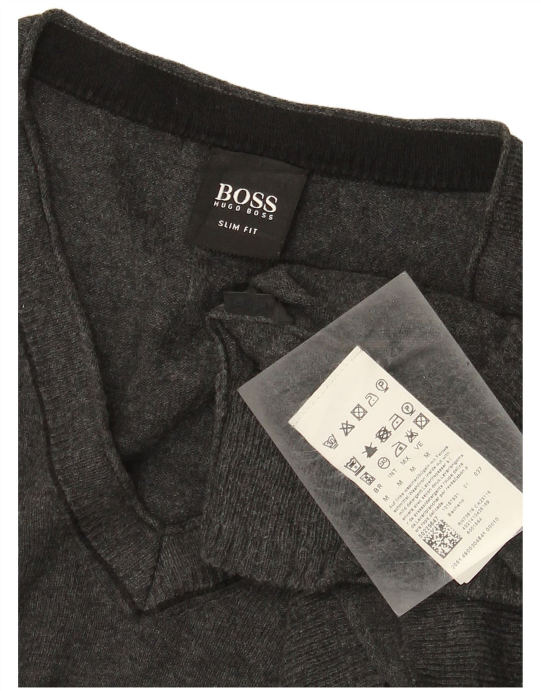 Ανδρικό πουλόβερ Hugo Boss Slim Fit με V λαιμόκοψη, μεσαίο βαμβακερό γκρι