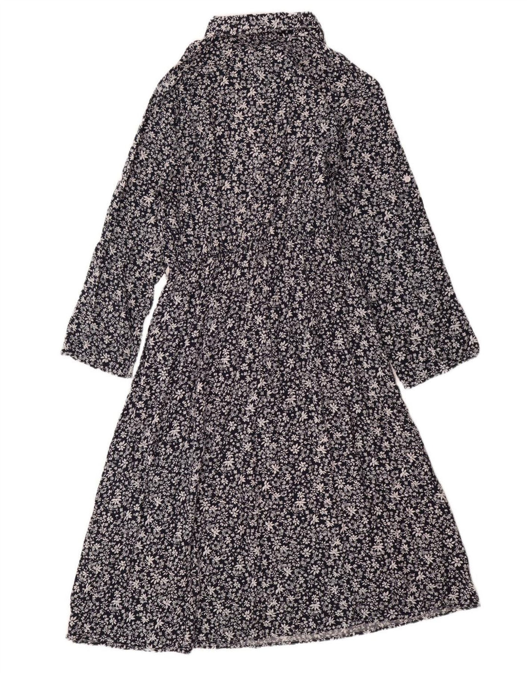 VINTAGE Γυναικείο μακρυμάνικο μάξι φόρεμα UK 14 Μεγάλο μπλε ναυτικό φλοράλ βαμβακερό