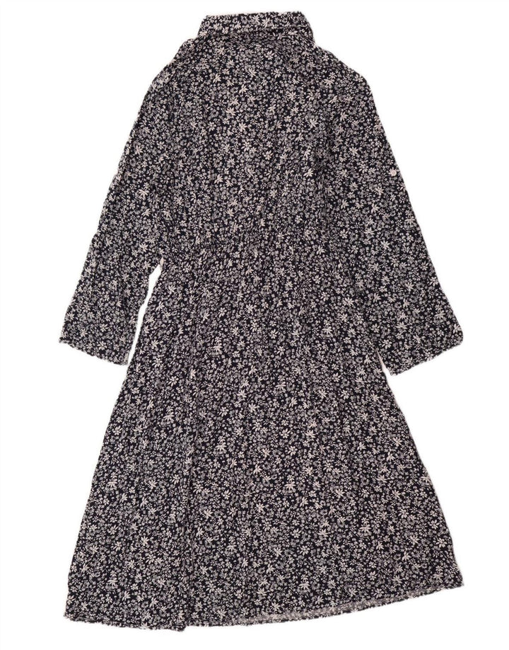 VINTAGE Γυναικείο μακρυμάνικο μάξι φόρεμα UK 14 Μεγάλο μπλε ναυτικό φλοράλ βαμβακερό