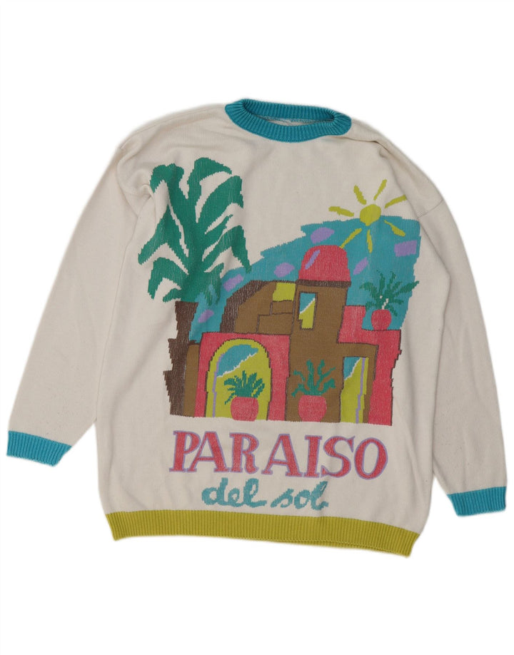 VINTAGE Γυναικείο πουλόβερ με λαιμόκοψη UK 16 Large White Colourblock