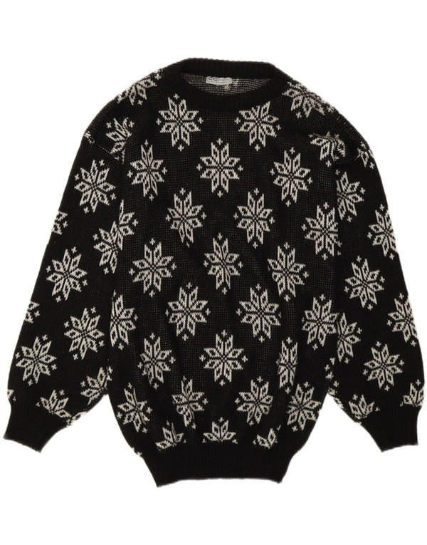 Vintage γυναικείο Snowflake Crew Jumper πουλόβερ UK 14 Medium Black Retro