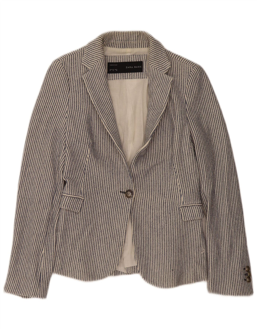 Zara Γυναικείο σακάκι 1 κουμπιού blazer UK 12 μεσαίο μπλε βαμβακερό pinstripe