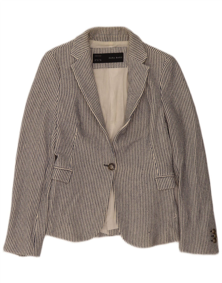 Zara Γυναικείο σακάκι 1 κουμπιού blazer UK 12 μεσαίο μπλε βαμβακερό pinstripe