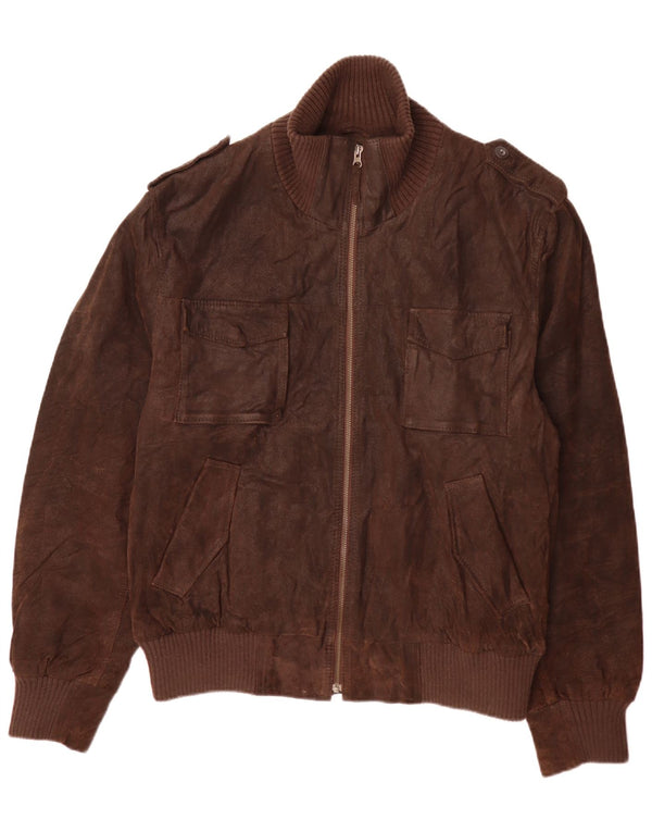 Celio Mens Military Leather Jacket UK 44 2XL Brown