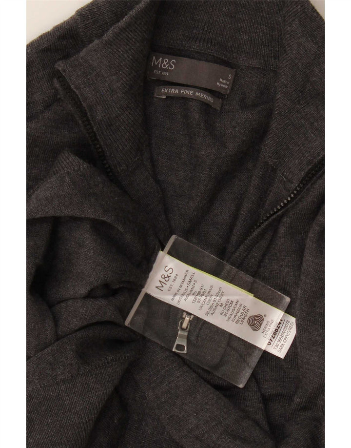 Marks & Spencer Ανδρικό πουλόβερ με λαιμόκοψη με φερμουάρ Μικρό γκρι μαλλί Merino