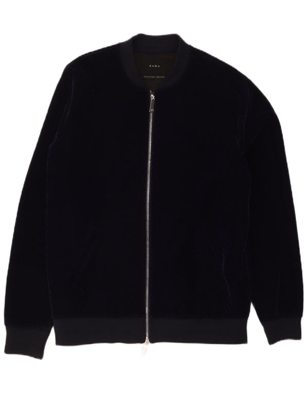 Zara Ανδρικό Velor Bomber Jacket UK 40 Large Navy Blue Polyester
