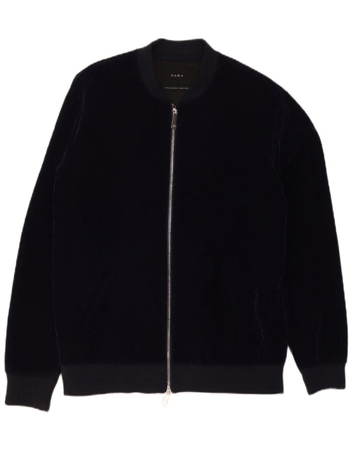 Zara Ανδρικό Velor Bomber Jacket UK 40 Large Navy Blue Polyester