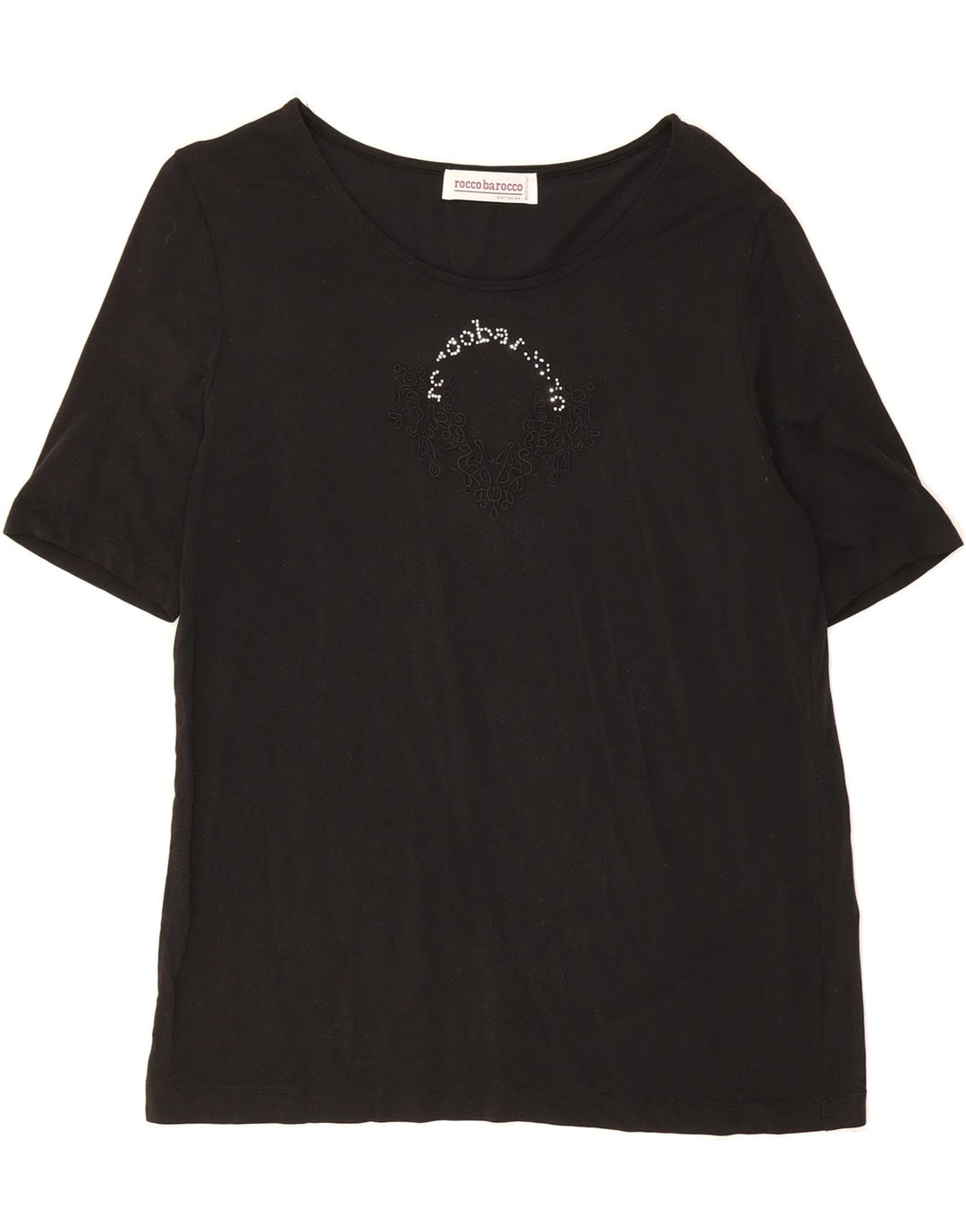 ROCCOBAROCCO Womens Graphic T-Shirt Top IT 46 Large Black Rayon Vintage Roccobarocco and Second-Hand Roccobarocco from Messina Hembry 