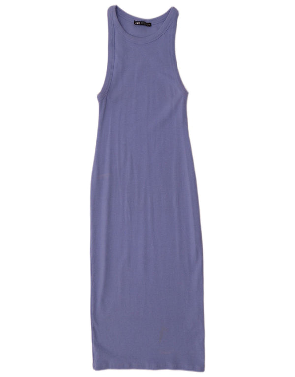 Zara Γυναικείο Αμάνικο Bodycon Φόρεμα UK 12 μεσαίο μωβ βαμβακερό