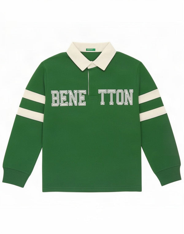 Benetton Boys Graphic Rugby Polo Shirt 7-8 Years Medium Green Colourblock