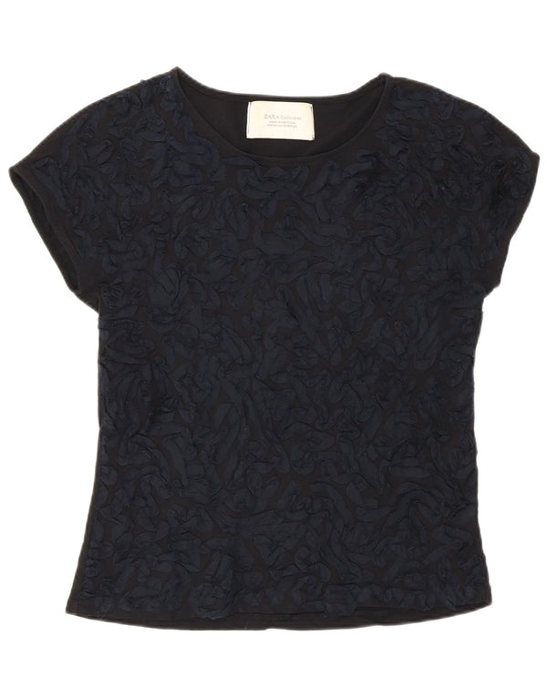 Zara Γυναικείο T-Shirt Abstract Pattern Top UK 12 μεσαίο μαύρο βαμβακερό