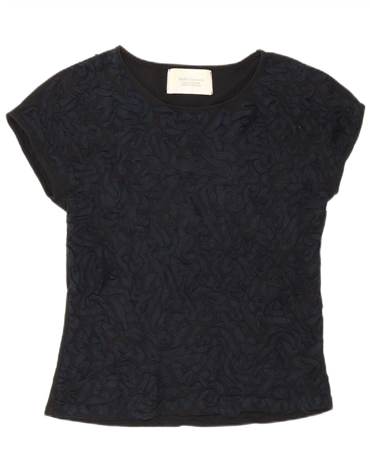 Zara Γυναικείο T-Shirt Abstract Pattern Top UK 12 μεσαίο μαύρο βαμβακερό