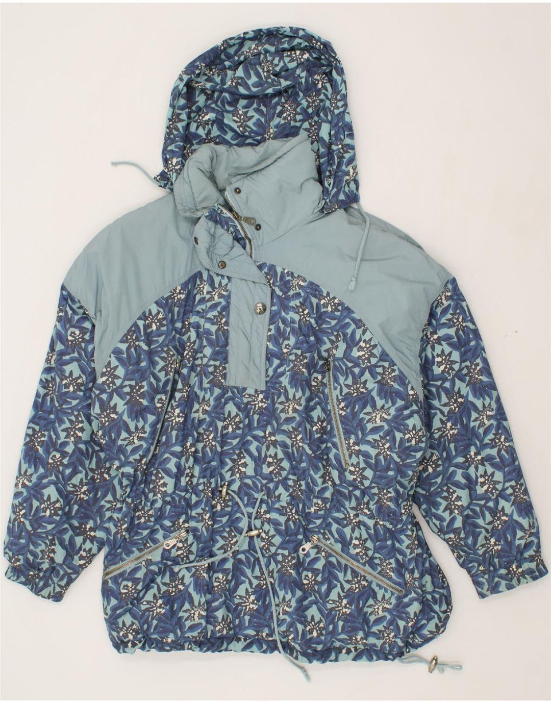 MAIER Womens Hooded Anorak Jacket UK 14 Medium Blue Floral Polyester Vintage Maier and Second-Hand Maier from Messina Hembry 