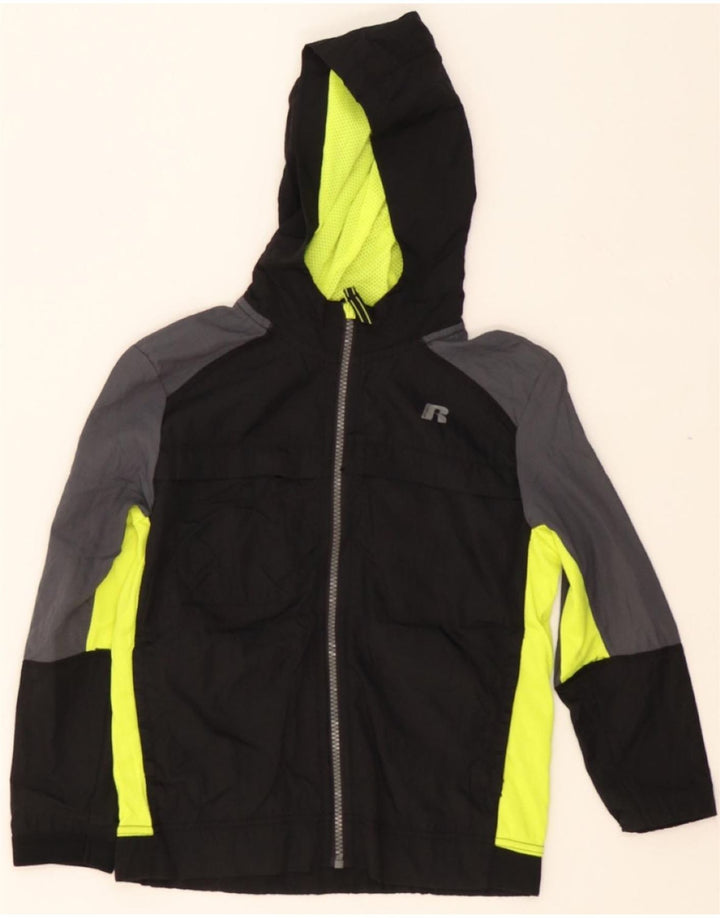RUSSELL ATHLETIC Boys Hooded Rain Jacket 6-7 Years Small Black Colourblock Vintage Russell Athletic and Second-Hand Russell Athletic from Messina Hembry 