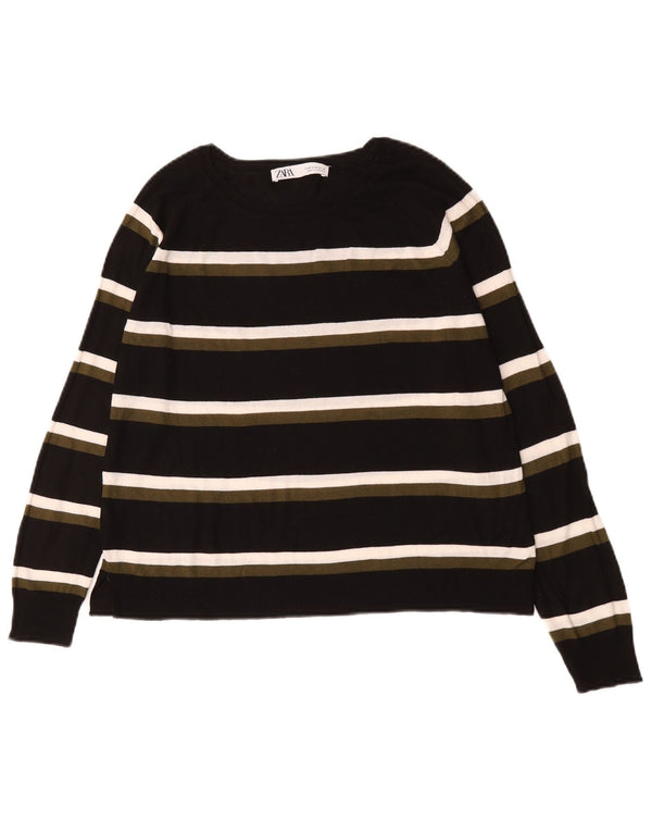 Zara Γυναικείο πουλόβερ με λαιμόκαυμα UK 14 Medium Μαύρο ριγέ