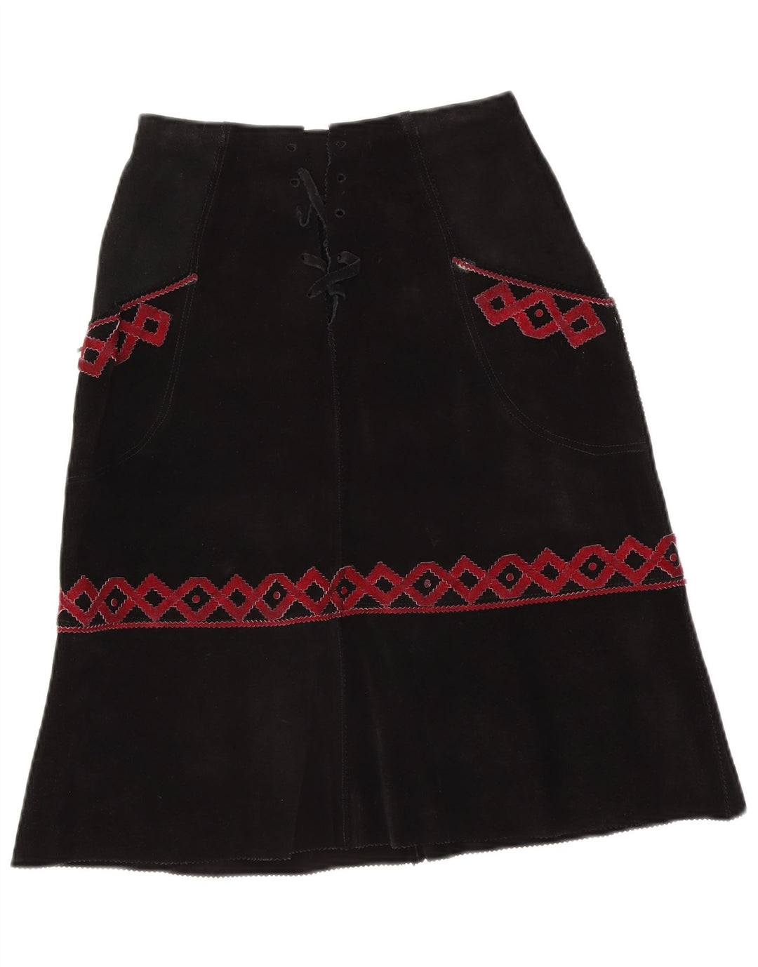 Vintage Γυναικεία Suede Midi Φούστα W28 Μεσαία Μαύρη Γεωμετρική
