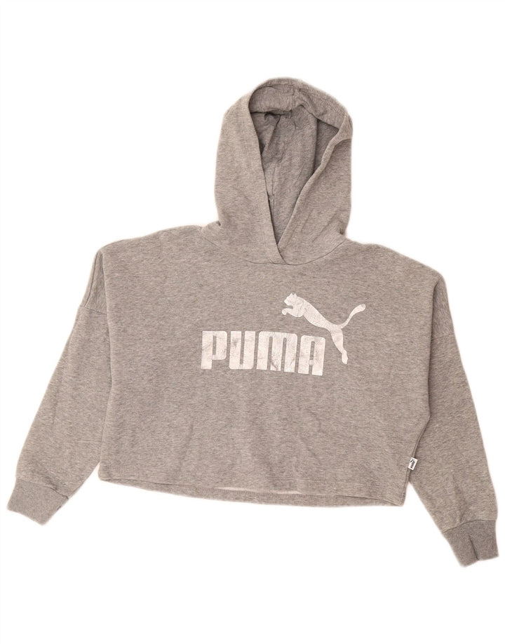 PUMA Girls Crop Graphic Hoodie Jumper 9-10 Years Grey Cotton