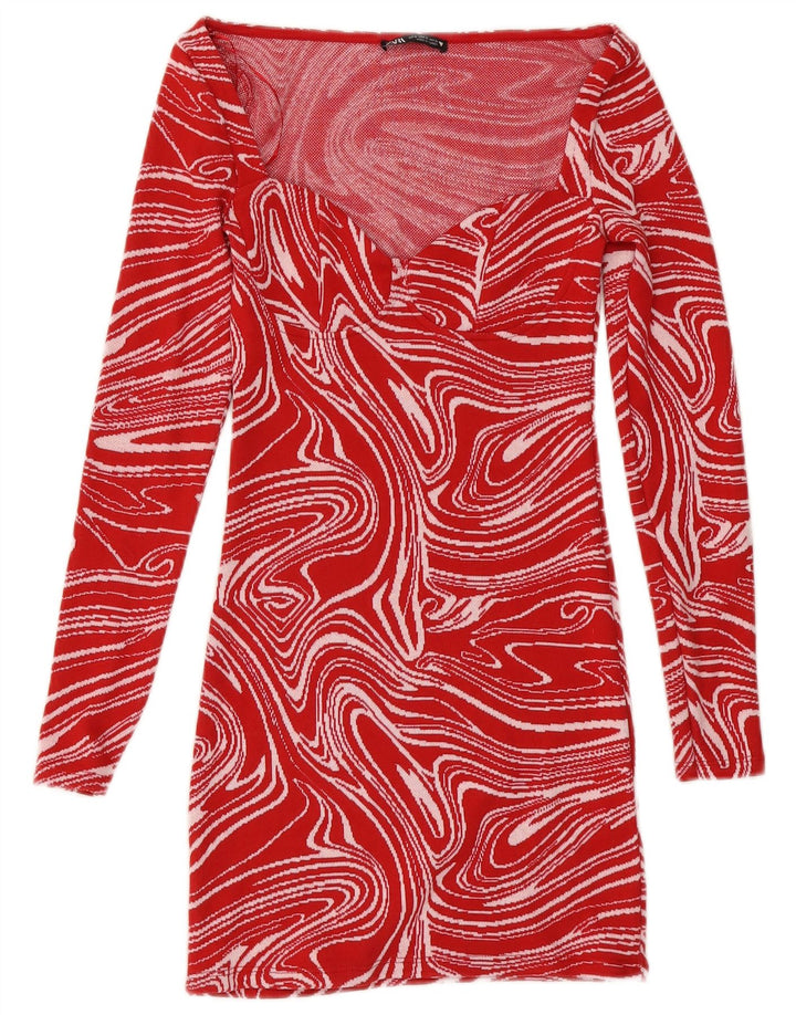 Zara Γυναικείο Abstract Pattern Φόρεμα μακρυμάνικο Bodycon UK 8 Μικρό κόκκινο