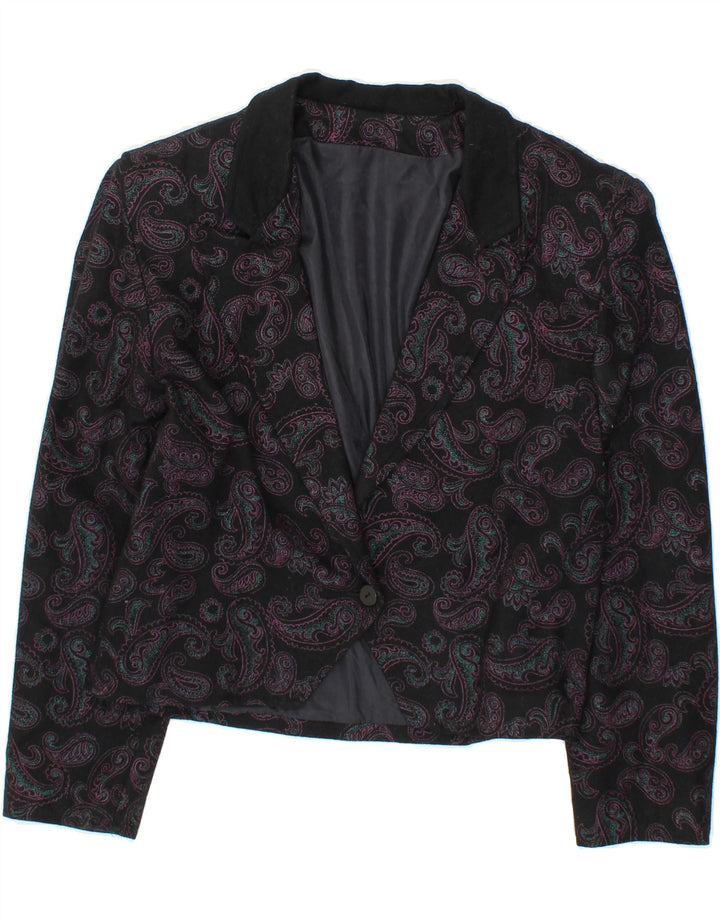 VINTAGE Womens Crop 1 Button Blazer Jacket UK 14 Large Black Paisley Vintage Vintage and Second-Hand Vintage from Messina Hembry 