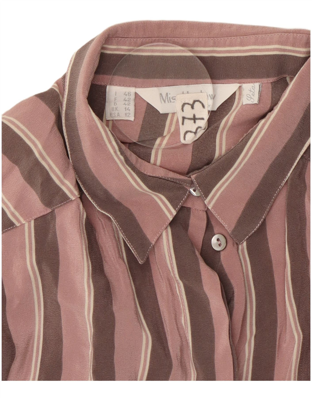 VINTAGE Γυναικείο πουκάμισο Μπλούζα UK 14 Μεγάλο Ροζ Ριγέ Μεταξωτό