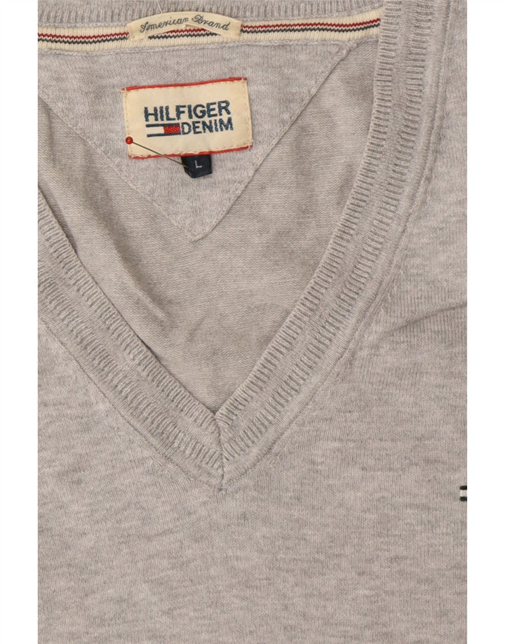 TOMMY HILFIGER Mens V-Neck Jumper Sweater Large Grey Cotton Vintage Tommy Hilfiger and Second-Hand Tommy Hilfiger from Messina Hembry 